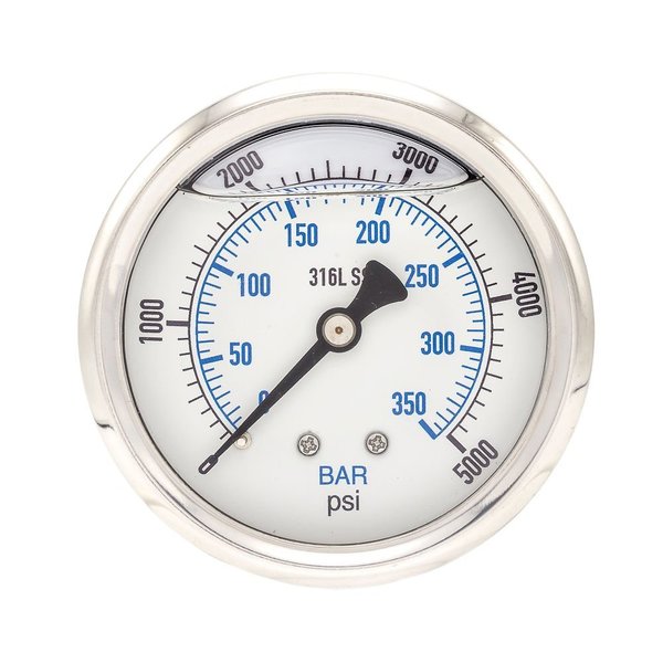 Pro 2 1/2 in Dial, 0/5000 PSI & Bar, 1/4 in NPT, Back Mount Glycerin Filled Pressure Gauge PRO-302L-254R-01